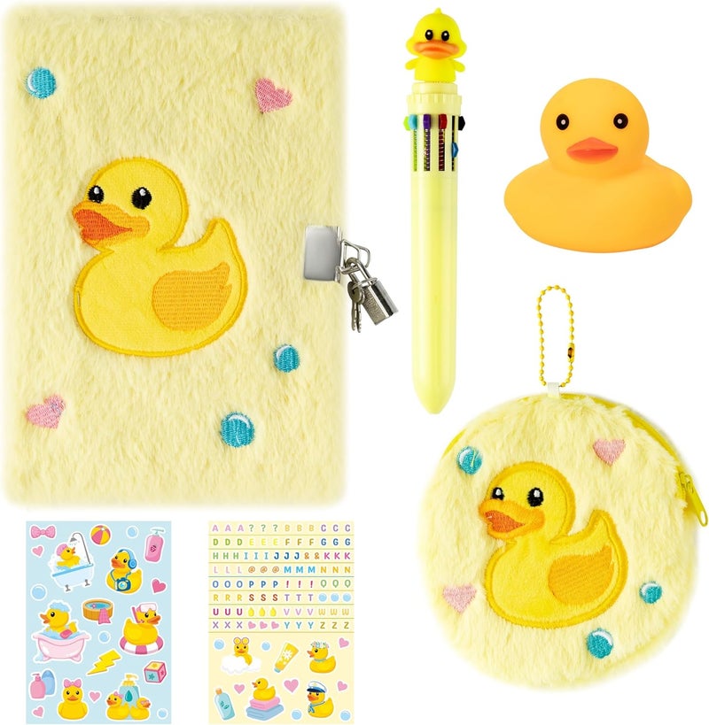 CY2SIDE 6PCS Yellow Rubber Duck Gift Set for 6-8 Year Old Girls, Cute Duck Plush Secret Diary Journal with Coin Purse Pen Sticker and Bath Toy, Birthday Gifts - Image 1